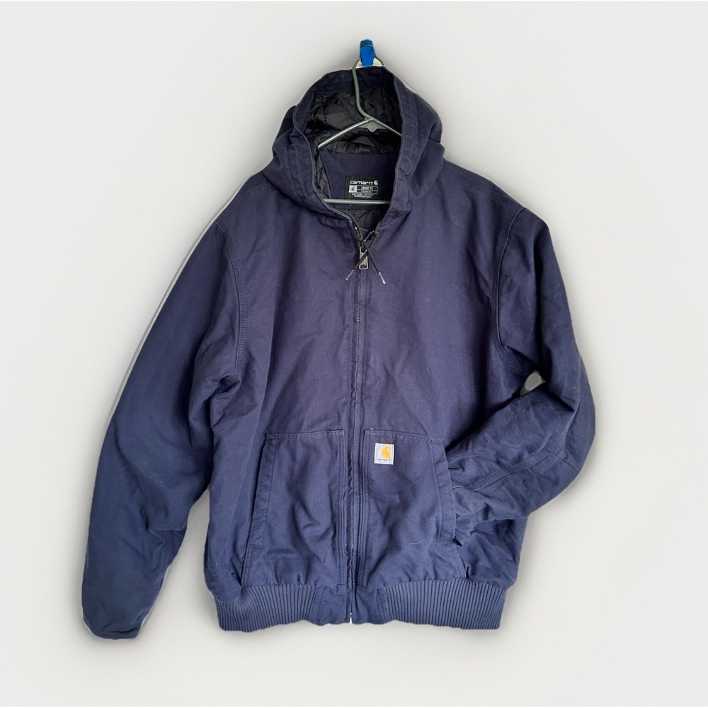Carhartt Canvas Jacket NAVY BLUE Loose Fit Hooded Quilted Lining Full Zip Men XL